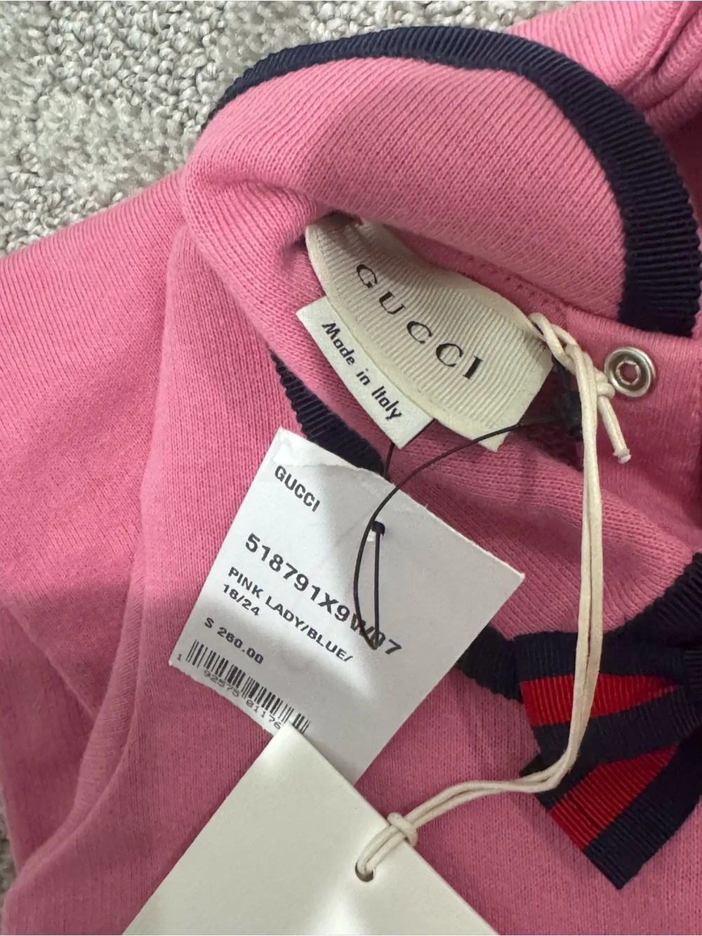 Gucci Pink Bubble Collar Baby One-Piece with Navy Bow